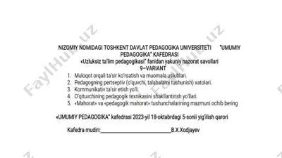 "uzluksiz ta'lim pedagogikasi" fanidan yakuniy nazorat savollari — PPTX
