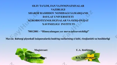bahorgi plyonkali issiqxonalarda bodring navlarining o‘sishi, rivojlanishi va hosildorligi — PPTX