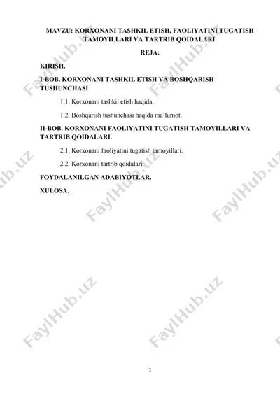 korxonani tashkil etish, faoliyatini tugatish tamoyillari va tartrib qoidalari — DOCX