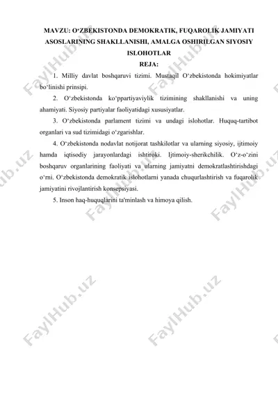 o‘zbekistonda demokratik, fuqarolik jamiyati asoslarining shakllanishi, amalga oshirilgan siyosiy islohotlar — DOC