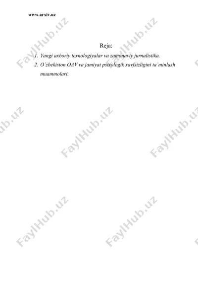 o`zbekiston ommaviy axborot vositalari va jamiyat axborot-psixologik xavfsizligining ta`minlanishi — DOC