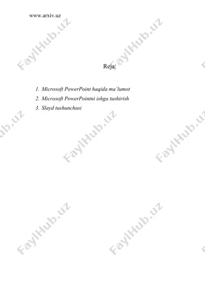 power point dasturi haqida umumiy ma`lumotlar. power pointga kirish, chiqish, ish stoli — DOC