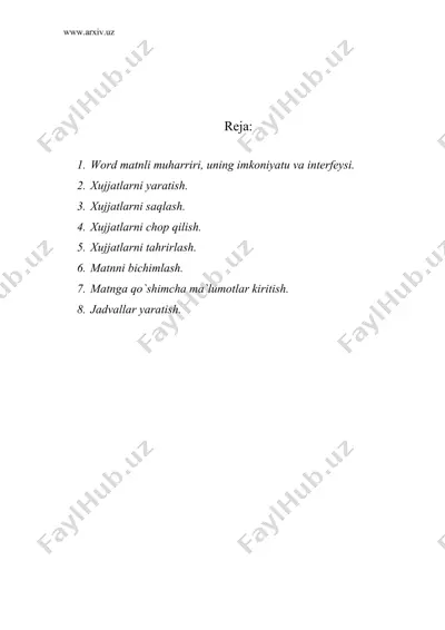 microsoft word matnli muharriri. microsoft word matnli muharririning ishchi muhiti va uning imkoniyatlari — DOC