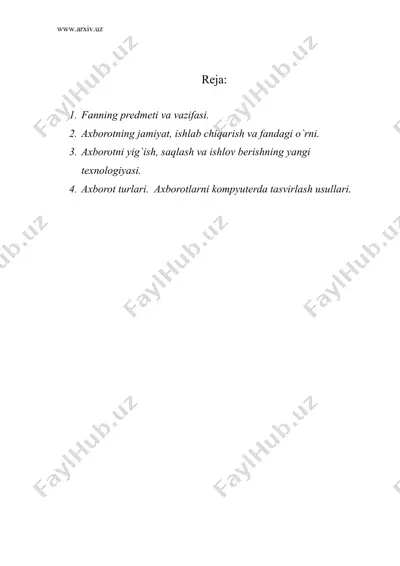 informatika va axborot texnologiyalari fanining predmeti va vazifasi. axborot va uning turlari — DOC