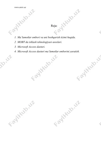 ma`lumotlar jamgarmasi va ombori. microsoft access dasturi — DOC