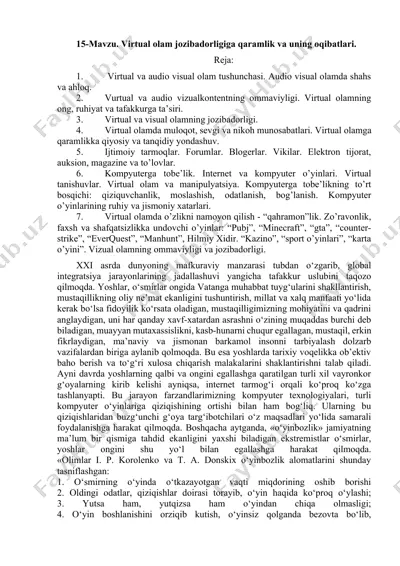 virtual olam jozibadorligiga qaramlik va uning oqibatlari — DOCX