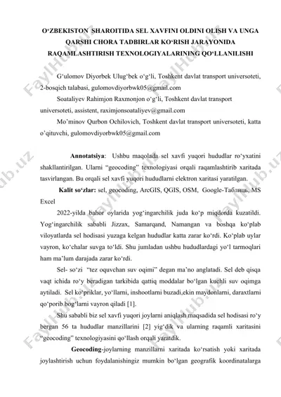 o‘zbekiston sharoitida sel xavfini oldini olish va unga qarshi chora tadbirlar ko‘rish jarayonida raqamlashtirish texnologiyalarining qo‘llanilishi — DOCX