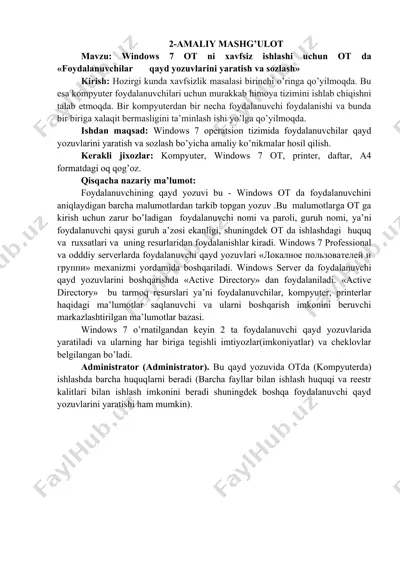 foydalanuvchilar qayd yozuvlarini yaratish va sozlash amaliy ko'nikmalari — DOCX