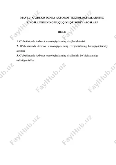 o’zbekistonda axborot texnologiyalarning rivojlanishining huquqiy-iqtisodiy asoslari — DOCX