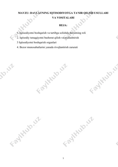 davlatning iqtisodiyotga ta'sir qilish usullari va vositalari — DOCX