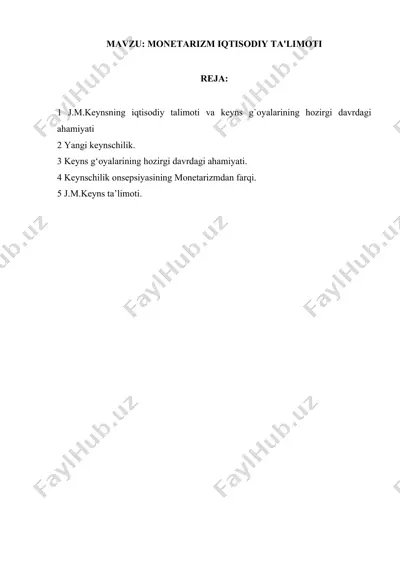 keyns ta’limoti va keyns g‘oyalarining hozirgi davrdagi ahamiyati — DOCX