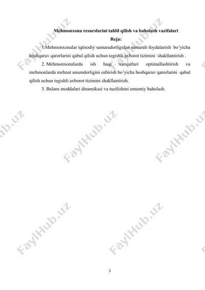 mehmonxona resurslarini tahlil qilish va baholash vazifalari — DOCX