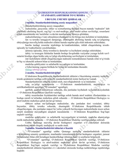 o‘zbekiston respublikasining qonuni standartlashtirish to‘g‘risida — DOC