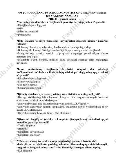 psychologi and psychodiagnostics of children fanidan test yakuniy nazorat — DOC
