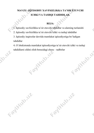 iqtisodiy xavfsizlikka ta’sir etuvchi ichki va tashqi tahdidlar — DOCX