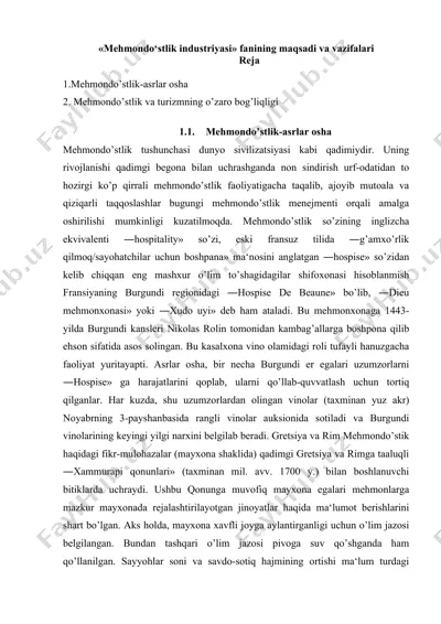 mehmondo‘stlik industriyasi fanining maqsadi va vazifalari — DOC