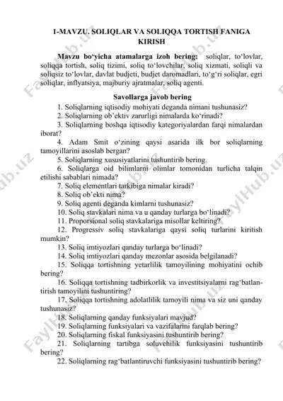 soliqlar va soliqqa tortish faniga kirish — DOC