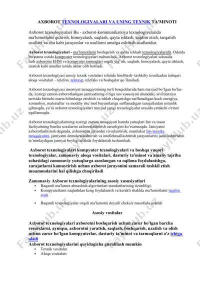 axborot texnologiyalari va uning texnik ta'minoti — DOC