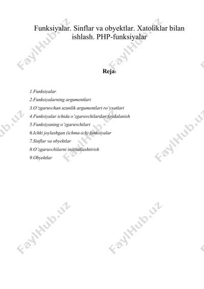 funksiyalаr. sinflаr vа obyektlаr. хаtоliklаr bilаn ishlаsh. php-funksiyalаr — DOC