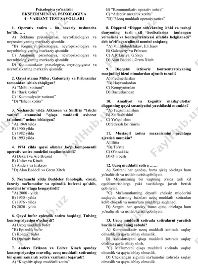 eksperimental psixologiya - 4 - variant test savollari — DOC