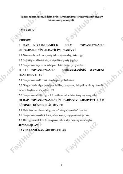 nizam-ul-múlk hám oniń "siyasatnama" shigarmasınıń siyasiy hám ruwxıy áhmiyeti. — DOCX
