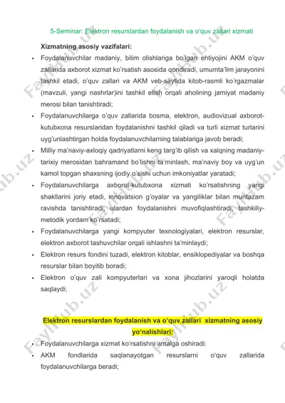 5-seminar: elektron resurslardan foydalanish va oʼquv zallari xizmati — DOC