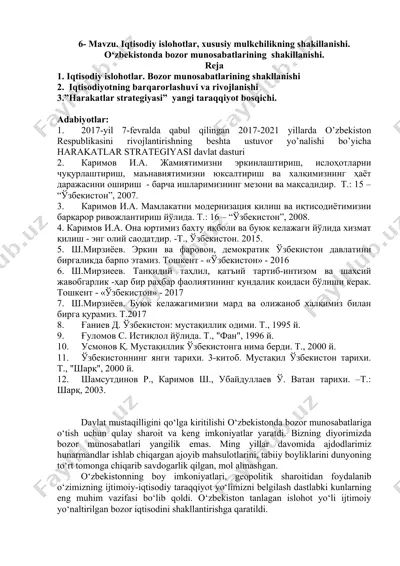 iqtisodiy islohotlar, xususiy mulkchilikning shakillanishi. o‘zbekistonda bozor munosabatlarining shakillanishi — DOC