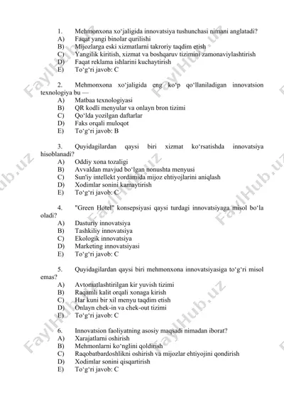 mehmonxona xo'jaligida innovatsiya testlar to'plami — DOCX
