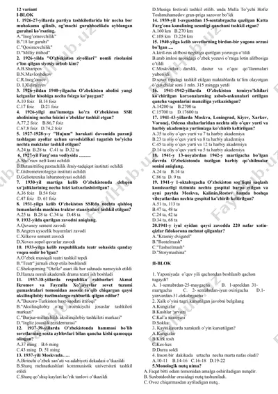 o'zbekiston respublikasi tarixi boʻyicha test savollar toʻplami — DOC