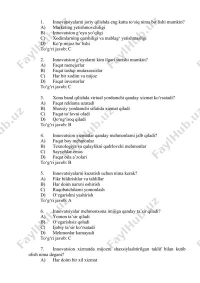 mehmonxona xo'jaligida innovatsiya test baza — DOCX