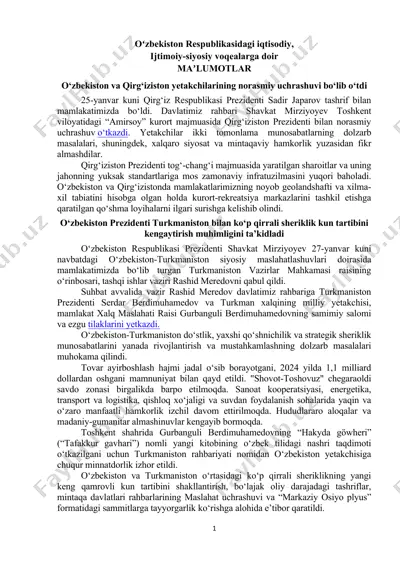 oʻzbekiston va qirg‘iziston yetakchilarining norasmiy uchrashuvi — DOC