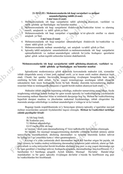 mehmonxonalarda ish haqi xarajatlari va mehnat unumdorligining tahlili (4-soat) — DOC