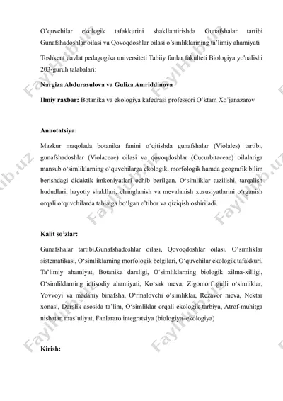 gunafshalar tartibi, gunafshadoshlar oilasi va qovoqdoshlar oilasi o’simliklarining ekologik ta'limiy ahamiyati — DOCX