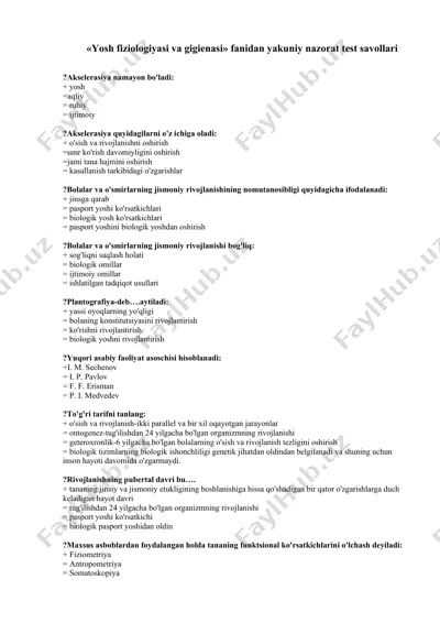 yosh fiziologiyasi va gigienasi fanidan yakuniy nazorat test savollari — DOC