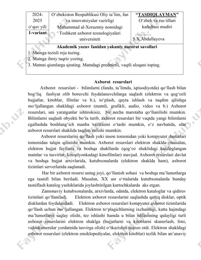 akademik yozuv fanidan yakuniy nazorat savollari — DOC