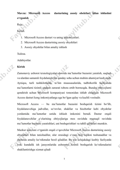 microsoft access dasturining asosiy obektlari — DOCX