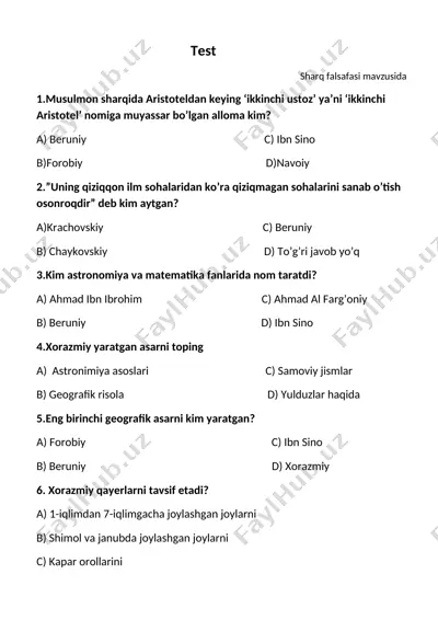 sharq falsafasi mavzusida test — DOCX