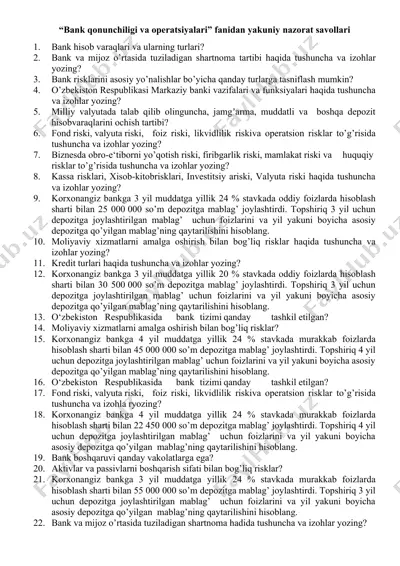 "bank qonunchiligi va operatsiyalari" fanidan yakuniy nazorat savollari — DOC