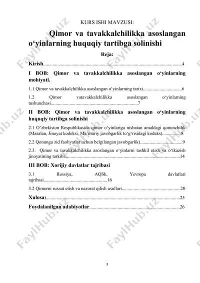 kurs ishi mavzusi: qimor va tavakkalchilikka asoslangan o‘yinlarning huquqiy tartibga solinishi — DOCX