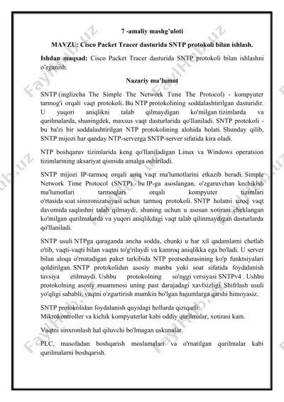 cisco packet tracer dasturida sntp protokoli bilan ishlash — DOCX
