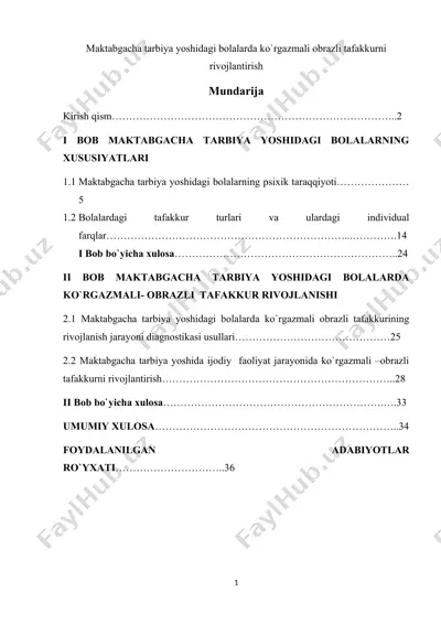 maktabgacha tarbiya yoshidagi bolalarda ko`rgazmali obrazli tafakkurni rivojlantirish — DOCX