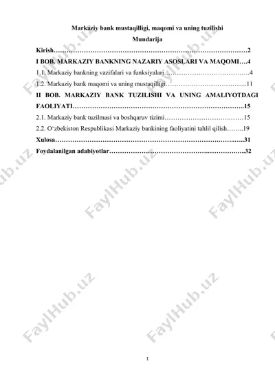 markaziy bank mustaqilligi, maqomi va uning tuzilishi — DOCX