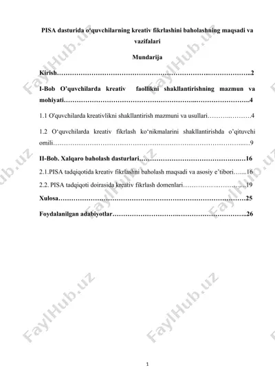 pisa dasturida oʻquvchilarning kreativ fikrlashini baholashning maqsadi va vazifalari — DOCX