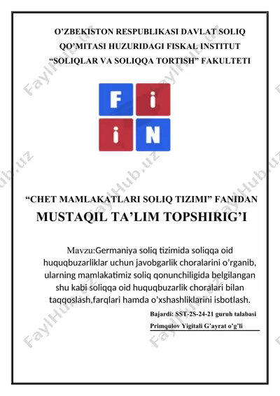 "chet mamlakatlari soliq tizimi" fanidan mustaqil ta’lim topshirigi — DOCX