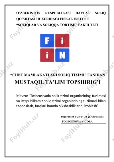 o’zbekiston respublikasi davlat soliq qo’mitasi huzuridagi fiskal institut “soliqlar va soliqqa tortish” fakulteti — DOCX