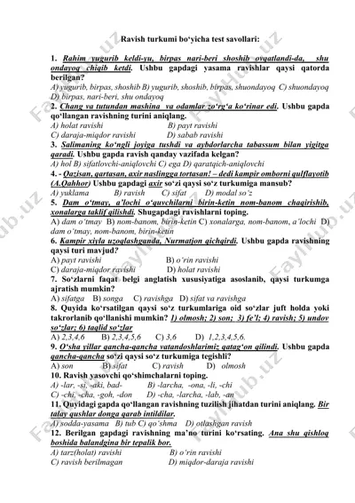 ravish turkumi bo‘yicha test savollari — DOCX
