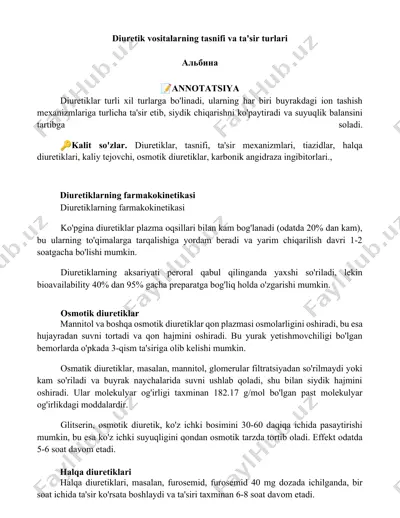 diuretik vositalarning tasnifi va ta'sir turlari — DOCX