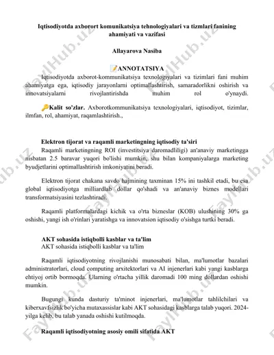 iqtisodiyotda axborort komunikatsiya tehnologiyalari va tizmlari fanining ahamiyati va vazifasi — DOCX