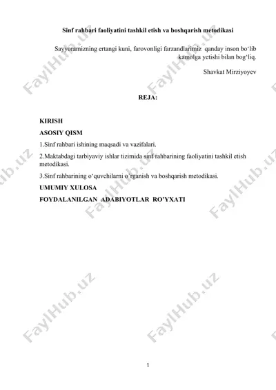 sinf rahbari faoliyatini tashkil etish va boshqarish metodikasi — DOCX