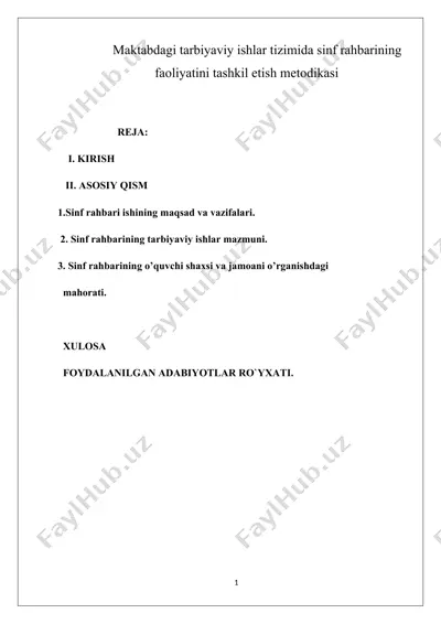 maktabdagi tarbiyaviy ishlar tizimida sinf rahbarining faoliyatini tashkil etish metodikasi — DOCX